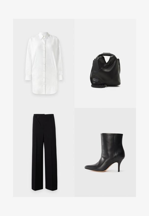 Weißes Hemd mit langen Ärmeln, Knopfverschluss, spitzem Kragen und seitlichen Einsätzen. Glattes Material mit leicht glänzender Textur.; Schwarz weit geschnittene Hose mit flachem Vorderteil, Knopfverschluss und glatter Stofftextur. Besitzt einen geraden Schnitt und klare Linien.; Schwarze Leder-Ankle Boots mit spitzem Zeh, schlankem Stiletto-Absatz und glatter Textur. Minimalistisches Design ohne sichtbare Beschläge oder Akzente.; Schwarze, weiche Ledertasche mit einem einzigartigen verdrehten Design. Hat einen kurzen Griff und einen abnehmbaren Schultergurt. Minimalistischer Stil.
