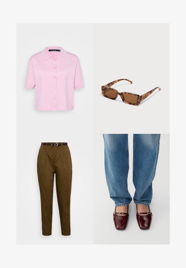Camisa rosa de manga curta com colarinho pontudo, feita de um tecido texturizado e brilhante. Apresenta cinco botões a condizer na frente.; Calças castanhas feitas à medida, com um tecido suave, apresentando pregas frontais e um cinto de pele castanho com uma fivela prateada. Design elegante e afunilado.; Sapatos de couro patente borgonha com bico quadrado e tira no tornozelo, combinados com jeans de corte largo em azul claro. Os sapatos têm um acabamento brilhante.; Uns óculos de sol de padrão tartaruga com lentes retangulares castanhas, uma armação grossa e hastes finas com um padrão de diferentes tons de castanho.