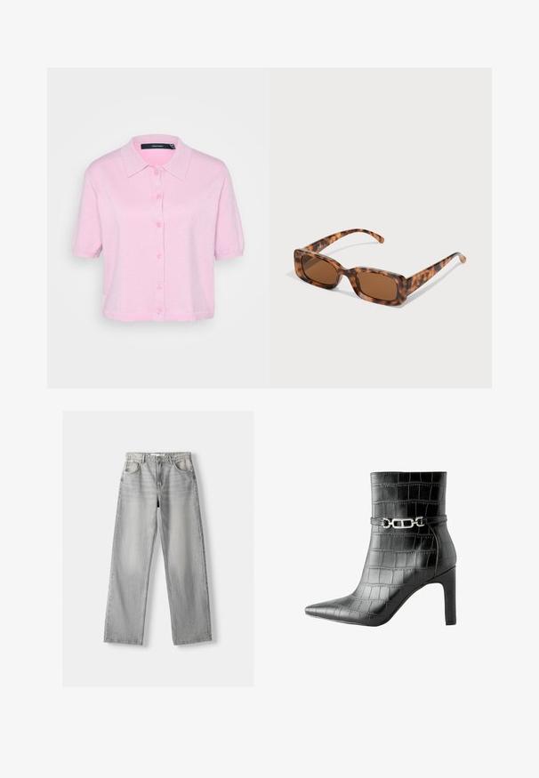 Cămașă cu mânecă scurtă, roz, cu guler ascuțit, confecționată dintr-un material texturat și strălucitor. Dispune de cinci butoane asortate pe partea din față.; Jeans din denim gri deschis cu un design drept, având două buzunare frontale, închidere cu buton și o ușoară decolorare pentru un aspect texturat.; Botine negre din piele ecologică de crocodil, cu vârf ascuțit, toc înalt și accent de lanț argintiu în jurul gleznei. Textură netedă și design elegant.; Ochelari de soare cu rama țestoasă, cu lentile rectangulare maro, o ramă groasă și brațe subțiri, prezentând un model cu nuanțe variate de maro.