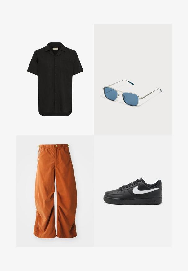 Īsām piedurknēm melna krekla vieglā audumā, ar pogu priekšpusi, norādītu apkakli, vienu krūšu kabatu un taisnu apakšmalu.; Oranžas plata kāju bikses ar elastīgu jostasvietu, sānu rāvējslēdzēja kabatām un brīvu, teksturētu audumu, kas izstrādāts ērtībai un kustībai.; Melni Nike Air Force 1 kedai ar gludu ādas virsu, balti logotipa akcenti, perforētu purngals un teksturēta gumijas zole.; Saulesbrilles ar sudraba metāla rāmi, taisnstūra zilu stiklu un plānām kājām. Uz tempļa galiem ir zili akcenti.