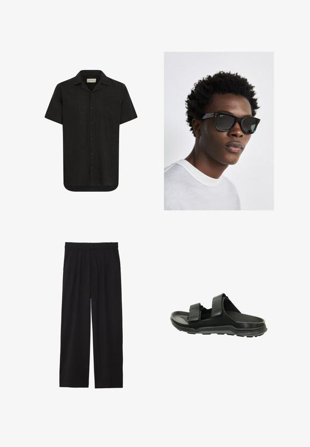 Camisa negra de manga corta en tejido ligero, con botones en el frente, cuello puntiagudo, bolsillo en el pecho y dobladillo recto.; Pantalones de pierna ancha negros con frente plisado, bolsillos laterales y una textura de tela suave. Diseñados para un ajuste relajado.; Las sandalias negras cuentan con dos correas ajustables, un material superior texturizado y una suela acolchada con un fondo antideslizante para mayor tracción.; Gafas de sol Ray-Ban negras con montura cuadrada, lentes oscuros y acentos de hardware plateado. El modelo lleva un suéter de cuello redondo en gris claro.
