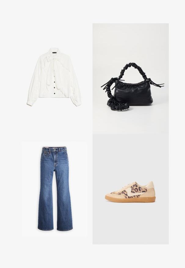 Balta ilgomis rankovėmis bluzonė su nėrinių apdaila, kaklaraiščiu ir mažais juodais gėlių mygtukais priekyje.; Aukštos juosmens mėlynos džinsinės kelnės su plačiomis kojomis, turinčios priekinį kišenę, žalvarinį užsegimą ir kontrastingą siuvimo siūlą.; Leopardų rašto sportiniai batai su smėlio spalvos zomšiniu viršumi, rusvu guminiu padu ir baltais akcentais. Apvalus nosis ir raištelių užsegimas su tekstūruotu paviršiumi.; Juodas dirbtinės odos rankinė su krokodilo tekstūra, sušnibždinta viršuje ir susikraipytu dirželiu. Atrodo minkšta ir kompaktiška.