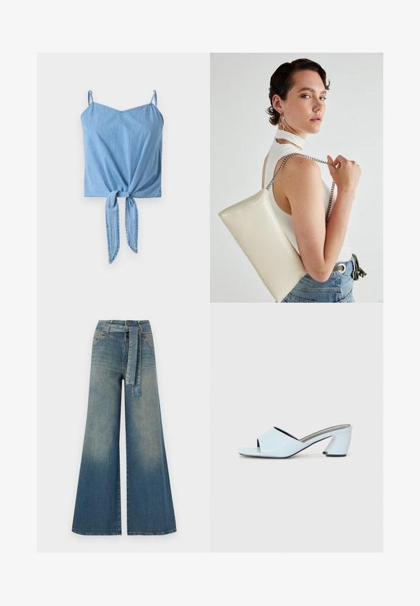 Vaaleansininen farkkupitsitoppi, jossa on ohuet säädettävät olkaimet, kierretty etusolki ja sileä kangas.; Yksiväriset farkut leveällä lahkeella, joissa on vaaleasta tummansiniseen häipyvä väri, korkea vyötärö, vyölenkit ja yhteensopiva kangasvyö. Rakennefarkkujen pinta.; Vaaleansiniset avointoimiset koroketossut, joissa on geometrista muotoilua, leveä remmi jalan yli ja paksu, kulmikas korko.; Valkoinen suorakulmainen clutch-laukku, joka on valmistettu kiiltävästä materiaalista ja jossa on hopeinen ketjuolkahihna. Malli poseeraa laukku käsivarsillaan yksinkertaista taustaa vasten.