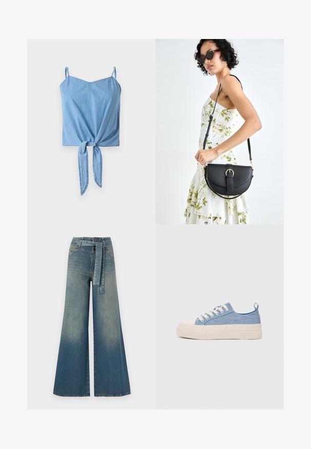 Helles blaues Denim-Crop-Top mit dünnen, verstellbaren Trägern, einem verdrehten Frontknotendetail und einer glatten Textur.; Weit geschnittene Denim-Hosen mit einem Farbverlauf von hellblau zu dunkelblau, hoher Taille, Gürtelschlaufen und einem passenden Stoffgürtel. Strukturierte Denim-Oberfläche.; Helleblaue Leinensneaker mit einer cremefarbenen Gummikappe und Außensohle, ausgestattet mit weißen Schnürsenkeln und einer Zuglasche an der Ferse.; Schwarze Lederhandtasche mit geschwungener Form, abnehmbarem Tragegurt und goldenen Beschlägen. Die Tasche verfügt über einen Deckel mit einer Schnallen-Details.