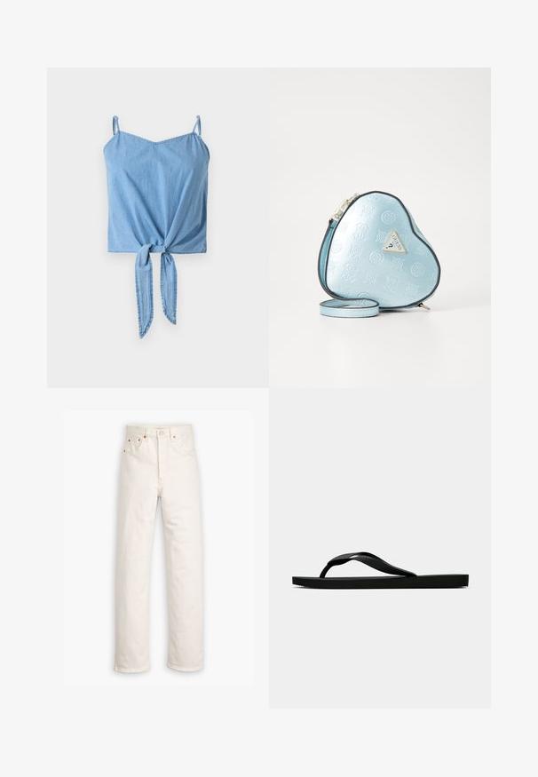 Jasnoniebieski, krótki top z denimu z cienkimi, regulowanymi ramiączkami, skręconym detalem na froncie oraz gładką teksturą.; Białe dżinsy z prostymi nogawkami, pięcioma kieszeniami i mosiężnymi detalami. Surowe wykończenie na nogawkach.; Czarne gumowe klapki z teksturowanym paskiem i prostą płaską podeszwą, przedstawione z boku na jasnym jednolitym tle.; Torebka w kształcie serca w jasnoniebieskim tłoczonym materiale, z czarną lamówką i złotą plakietką z logo. W zestawie odpinany pasek na ramię.