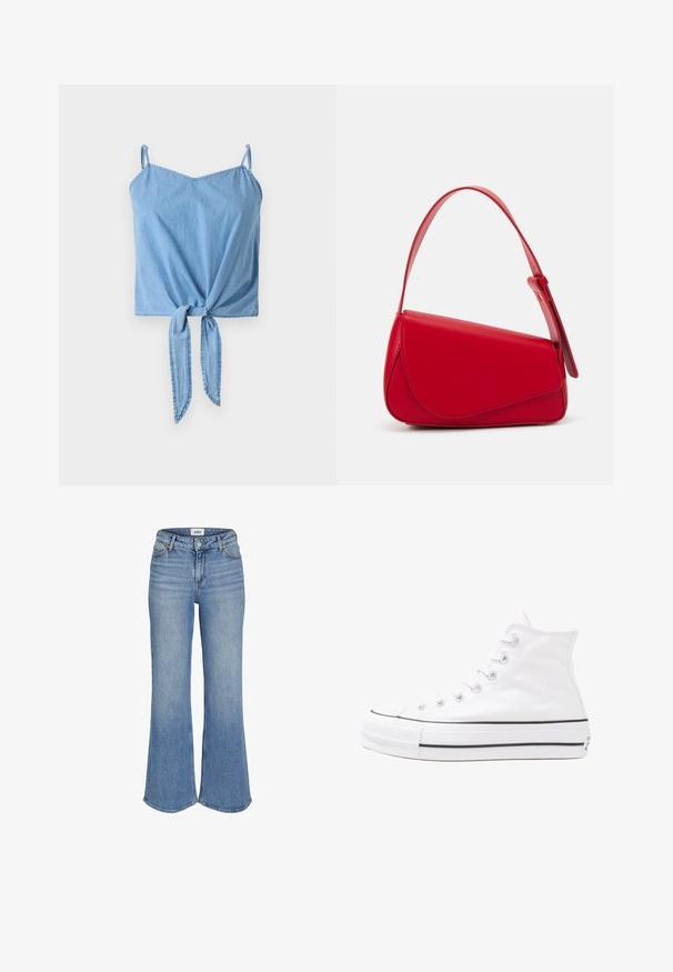 Top scurt din denim de culoare albastră deschisă, cu bretele subțiri ajustabile, detaliu cu nod răsucit în față și o textură netedă.; Jeans din denim albastru deschis, evazați, cu talie înaltă, dotate cu buzunare frontale, fermoar și o ușoară decolorare. Cusăturile sunt vizibile pe margini.; Adidași albi tip pantofi sport cu glezna din pânză, cu talpă din cauciuc negru, capac de vârf din cauciuc frontal și șase ochiuri pentru șireturi, având un design curat și minimalist.; Geantă de mână din piele roșie, cu un design unghiular și geometric. Dispune de o singură curea ajustabilă și un sistem de închidere cu clapetă, cu detalii cusute.