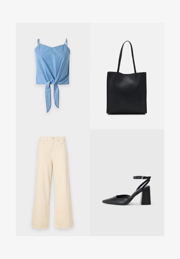 Világoskék farmer crop top vékony állítható pántokkal, csavart elülső csomó részlettel és sima textúrával.; Bézs, széles lábú farmernadrág, pamutból készült. Gombos záródással, övhurkokkal és elülső zsebekkel rendelkezik, sima, puha tapintással.; Fekete bőr, hegyes orrú magassarkú cipő boka pánttal és vastag sarokkal. Sima textúra, elegáns dizájn és minimális esztétika.; Fekete bőrtáska sima felszínnel, téglalap alakú, két hosszú füllel. Nincs látható fémkiegészítő vagy díszítés.