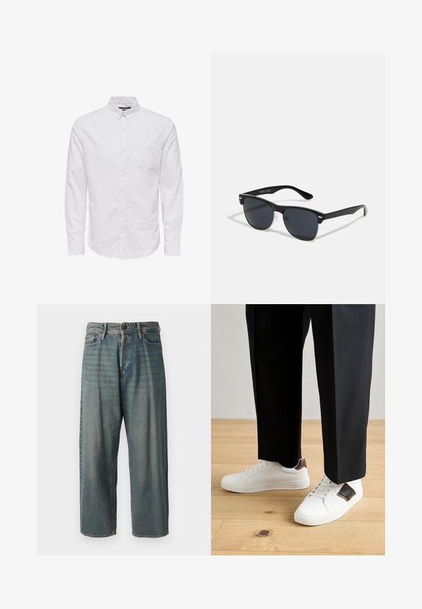Bijela košulja dugih rukava s gumbima napravljena od pamuka, s kragnom, prednjim gumbima i jednom džepom na prsima. Glatka tekstura.; Svijetloplave traperice s širokim krojem, srednjim pojasom i ravnim nogavicama. Ima pet džepova, petlje za remen i kopčanje na gumb.; Bijele tenisice s glatkom teksturom, s smešnim kožnim detaljima i crnim naglascima, u kombinaciji s crnim krojenim hlačama. Pozadina od drvenog poda.; Crne sunčane naočale pravokutnog oblika, tamne leće, srebrni detalji na sljepoočnicama i matirajuća završna obrada okvira.