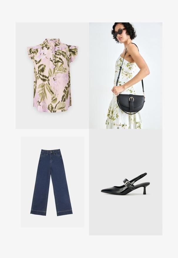 Bluza s cvetnim vzorcem z visokim ovratnikom, kratkimi nabranimi rokavi in gumbastim zapenjanjem. Barve vključujejo svetlo roza, zeleno in sivko.; Široke traperice v temno modrem denimu. Imajo pet žepov, zanke za pas in surov rob na dnu z vidnimi šivi.; Črne patent usnjene slingback pete s koničastim nosom in majhnim blok peto, ki vključujejo srebrno zaponko na traku.; Črna usnjena torbica s ukrivljeno obliko, z odstranljivo naramnico in zlatimi dodatki. Torbica ima pokrov s podrobnostmi v obliki zaponke.