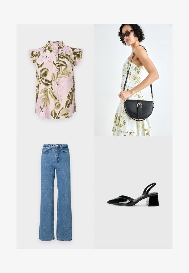 Floral patterned blouse with a high collar, short ruffled sleeves, and a button placket. Colors include light pink, green, and lavender.; Blue high-waist straight-leg jeans with small white floral embroidery scattered across the fabric.; Black patent leather slingback heels with a pointed toe and a geometric block heel. Features a sleek, minimal design and smooth texture.; Black leather handbag with a curved shape, detachable strap, and gold hardware. The bag features a flap with a buckle detail.