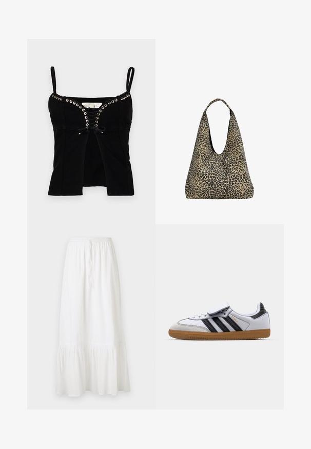 Černý přiléhavý top s tenkými ramínky, zdobený kroužkovými detaily a šněrováním v přední části. Tkanina je texturovaná a mírně strukturovaná.; Bílá sukně ke kolenům vyrobená z lehké tkaniny s elastickým pasem a šňůrkou. Má volánkový lem a jemnou texturu.; Bílé kožené tenisky s černými pruhy a šedými detaily, s kulatou špičkou a gumovou podrážkou. Spona na suchý zip a šněrování.; PULL&BEAR Velká kabelka - mottled dark brown