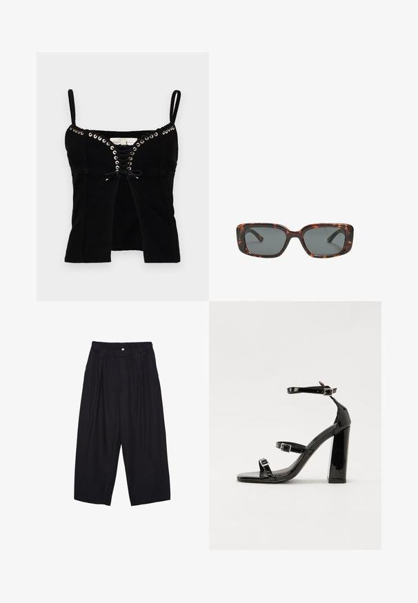 Czarny dopasowany top na cienkich ramiączkach, z detalami w postaci oczek i sznurowanym przodem. Tkanina jest teksturowana i lekko usztywniona.; Czarne spodnie culotte z poliestru z elastycznym pasem, dwoma fałdami z przodu i luźnym krojem. Brak widocznych wzorów lub elementów metalowych.; Czarne lakierowane sandały na obcasie z kwadratowym noskiem, z paskami wokół kostki i srebrnymi klamrami. Posiadają masywny słupek dla stabilności.; Okulary przeciwsłoneczne w kratkę w kształcie prostokątnym, z grubymi oprawkami i ciemnymi szkłami. Gładka faktura i minimalistyczny design.