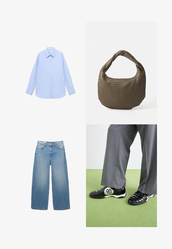 Light blue long-sleeve shirt with a button-down collar, single chest pocket, and a relaxed fit. Smooth fabric texture and classic design.; Black one-piece swimsuit featuring a deep V-neck and crossed back straps. Made of smooth fabric with a sleek, fitted design.; Light blue wide-leg jeans made of denim, featuring a classic five-pocket design and a button closure. Faded texture throughout.; Black patent leather sneakers with a silver "90" detail, featuring a textured surface and lace-up design, paired with gray wide trousers.; Woven olive green handbag with a rounded shape and a twisted handle. Textured surface features a diagonal pattern. Zipper closure.