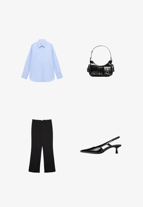 Svetlo modra srajca z dolgimi rokavi, s ovratnikom na gumb in enim žepom na prsih, ter sproščenim krojem. Gladka tekstura materiala in klasičen dizajn.; Črne hlače ravnega kroja z naglavnimi žepi in stranskimi razporki na robu. Narejene iz mehke, gladke tkanine. Primerne za različne priložnosti.; Črne patentični usnjeni salonarji s slingback designom, z zašiljenim nosom, izrezanim stranskim dizajnom in majhnim kvadratnim peto. Gladka tekstura z minimalnimi detajli.; Črna lakasta usnjena torbica s ukrivljeno obliko, enim ramenskim trakom, sprednjimi žepi in srebrnimi kovinskimi dodatki.