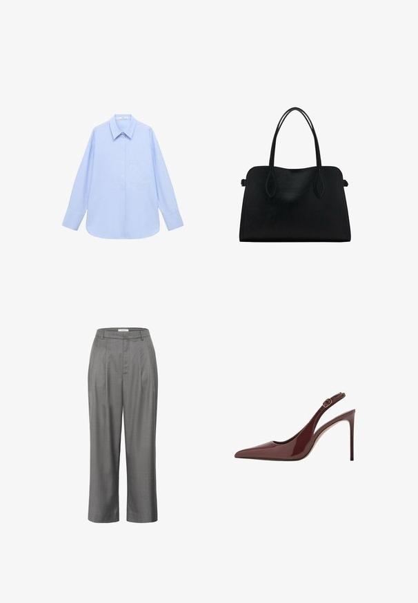 Light blue long-sleeve shirt with a button-down collar, single chest pocket, and a relaxed fit. Smooth fabric texture and classic design.; Gray tailored trousers with a straight fit, featuring a pleated front, smooth fabric texture, and a classic waistband design.; Dark brown patent leather pointed-toe slingback high heel with adjustable buckle strap and slim stiletto heel.; Black leather handbag with dual shoulder straps, rectangular shape, and minimalistic design on a white background.