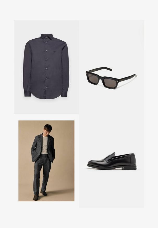 Emporio Armani Košile - phantom; Šedý oblek na míru s klopami a předními kapsami, spárovaný se pruhovanou košilí. Kalhoty mají uvolněný střih a záhyb. Hnědé boty.; Černé kožené polobotky s hladkou texturou, zaoblenou špičkou a zdobným páskem přes nárt. Nízký stohovaný podpatek, minimalistický design.; Černé obdélníkové sluneční brýle s tmavými skly, silným plastovým rámem, zlatými akcenty na spáncích a vyrytým logem značky na nožičce.