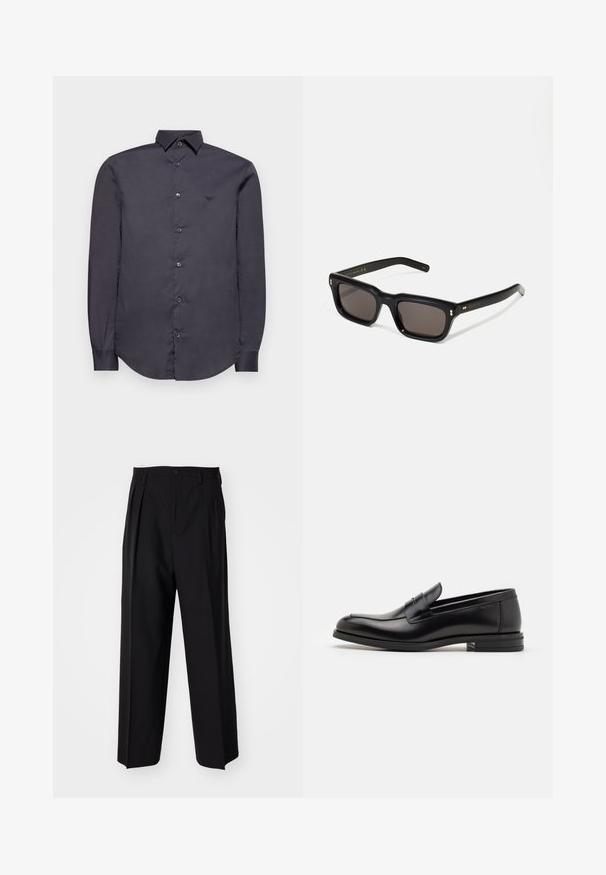 Emporio Armani Camisa - phantom; Pantalones negros plisados con un diseño recto y de pierna ancha. Fabricados en una tela suave, presentan un cierre de botón y trabillas para el cinturón.; Mocasines de cuero negro con una textura suave, puntera redondeada y una tira decorativa en el empeine. Tacón bajo apilado, diseño minimalista.; Gafas de sol rectangulares negras con lentes oscuros, marco de plástico grueso, acentos dorados en las patillas y logotipo de la marca grabado en el brazo.