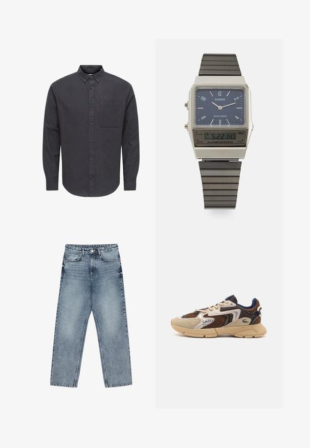 Dark gray button-up shirt made of textured fabric, featuring a pointed collar, long sleeves, and a single left chest pocket.; Light blue denim jeans with a straight leg cut, visible stitching, five pocket design, and a button closure at the waist.; Beige and brown sneaker with textured mesh panels, suede accents, and a rubber sole. Features lace-up design and branded detailing.; Casio digital watch with a blue dial, silver case, and layered black rubber strap. Displays time and alarm settings. Water resistant.