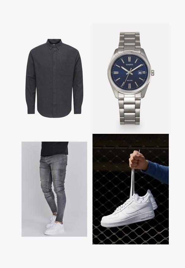 Dark gray button-up shirt made of textured fabric, featuring a pointed collar, long sleeves, and a single left chest pocket.; Skinny jeans in faded gray denim, featuring distressed details at the knees, paired with white sneakers. Smooth texture, slim fit design.; White leather sneakers with perforations, round toe, flat sole, and thick laces, featuring a visible swoosh logo and "AIR" on the heel.; Silver stainless steel wristwatch with a navy blue dial, metallic hour markers, and a date window at 3 o'clock. Water-resistant to 50 meters.