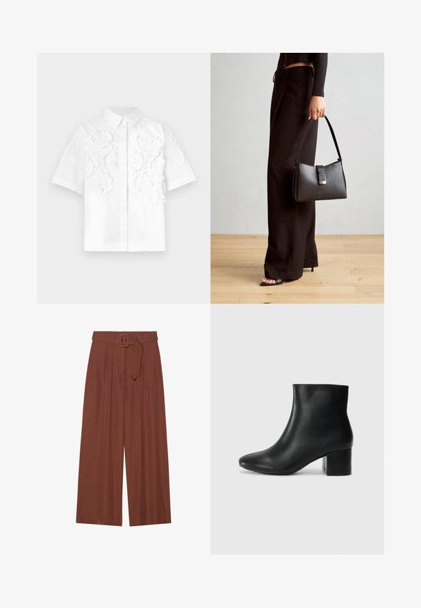 Balta trumpa rankovėmis marškiniai su tekstūriniu siuvinėjimu, vaizduojančiu gėlių ir drakonų raštus priekyje. Klasikinio apykaklės dizainas.; Plačios kelnių kelnės rudos spalvos audinyje, su diržu su kvadratiniu sagtimi, klostuotų dizainu ir lygiu paviršiumi.; Juodos odinės aulinės botai su smailiu priekiniu pirštu ir storu kulnu. Lygus tekstūra su minimaliomis detalėmis ir elegantišku, tvirtai priglundančiu dizainu.; Juodas rankinė struktūrizuota forma, lygi tekstūra ir metalinis užsegimas. Suporuota su plačiomis juodomis kelnėmis ir atvirais bateliais ant medinių grindų.