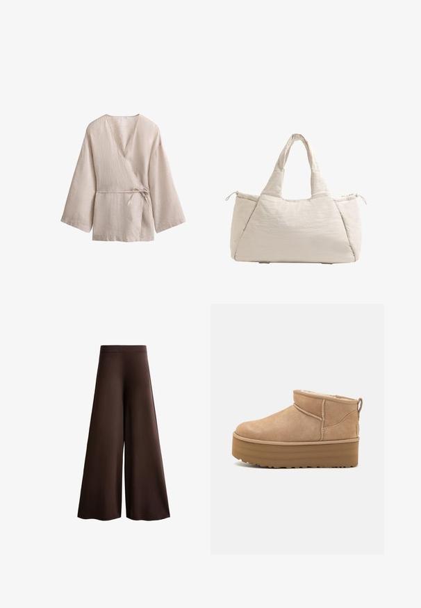 Beige Leinen-Wickeloberteil mit V-Ausschnitt, weiten Ärmeln und einem Bindeband in der Taille. Strukturiertem Stoff mit einem dezenten Muster.; Braune weite Hosen aus weichem Stoff, mit hoher Taille, subtiler Textur und einer fließenden Silhouette ohne sichtbare Verschlüsse oder Verzierungen.; Beige Wildleder-Ankle Boots mit einem weichen Innenfutter, ausgestattet mit einer Plateausohle und einer Zuglasche hinten für einen einfachen Einstieg. Strukturiertes Gummiprofil.; Beige gesteppte Tragetasche mit zwei Griffen, runder Form, strukturiertem Stoff und einer seitlichen Kordelzugtasche. Glatte Oberfläche, minimalistisches Design.