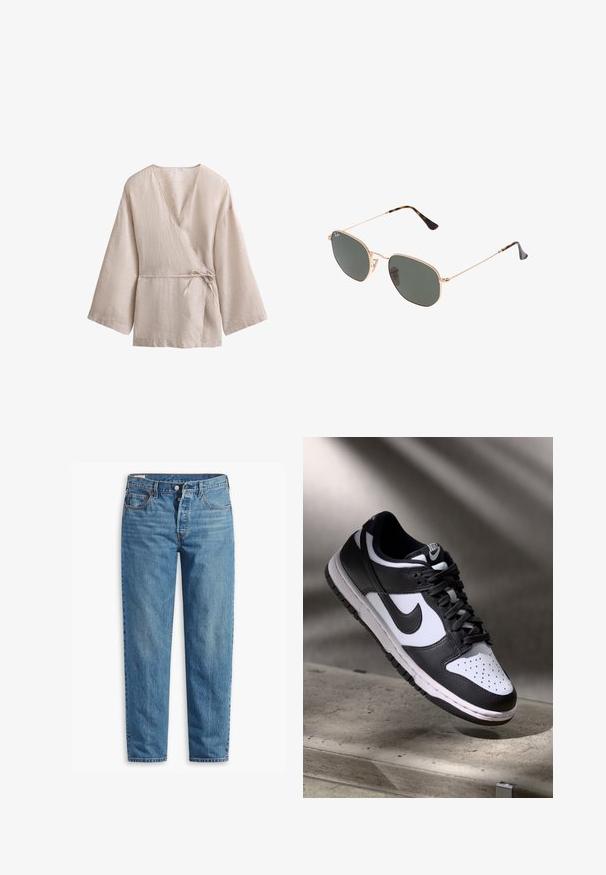 Beige Leinen-Wickeloberteil mit V-Ausschnitt, weiten Ärmeln und einem Bindeband in der Taille. Strukturiertem Stoff mit einem dezenten Muster.; Blaue Jeans aus Denim mit geradem Schnitt, ausgestattet mit einem Reißverschluss, zwei vorderen Taschen und subtilen Verfärbungen im gesamten Stoff.; Schwarz-weißer Nike Dunk Low Sneaker mit Lederobermaterial, perforiertem Zehenbereich und schwarzen Schnürsenkeln, ausgestattet mit einer weißen Sohle und Logo-Akzenten.; Goldfarbene Metallrahmen-Sonnenbrillen mit dunkelgrünen Gläsern im Pilotenstil, mit schlanken Bügeln und Schildpatt-Akzenten an den Spitzen.