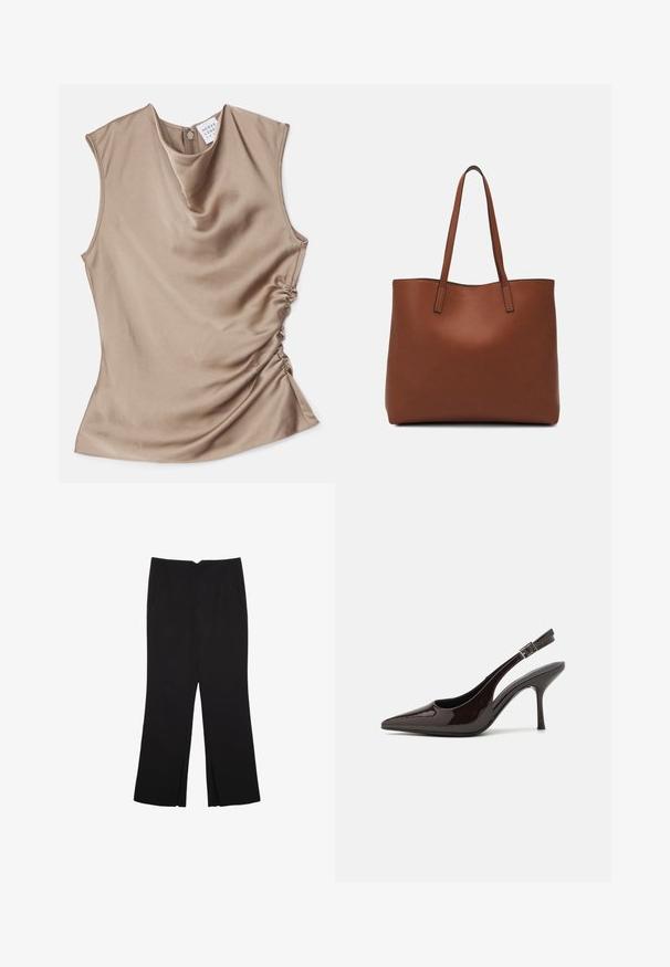 Cowl neck mouwloze top in beige satijn. Beschikt over geplooide details aan de zijkant en een rits aan de achterkant. Gladde textuur.; Zwarte broek met een rechte pasvorm, voorzien van zijzakken en plooien aan de onderzijde. Gemaakt van zachte, gladde stof. Geschikt voor verschillende gelegenheden.; Slingback hoge hak schoen in glanzend donkerbruin patentleer, puntige neus, open zijkanten en verstelbare enkelband.; Bruine leren tote bag met een gladde textuur, een ontwerp met een open bovenkant en twee schouderbanden. Kenmerkt zich door minimale stiksels en geen zichtbare hardware.
