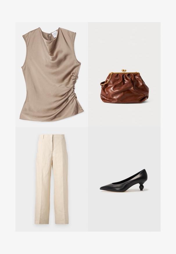 Cowl neck ærmeløs top i beige satin. Har sammensamling på siden og lynlås lukning bagpå. Glat tekstur.; Beige linnedragt med løs pasform, plisseret front og lige ben. Har en talje med bæltestropper og ingen synlige lommer.; Sort læder høje hæle med spids tå og rund, kugleformet hæl. Glat tekstur med et stilrent, minimalistisk design.; Brun læder clutch med gyldent låsramme og kort guldkædehåndtag, der har en blød, samlet tekstur på en hvid baggrund.
