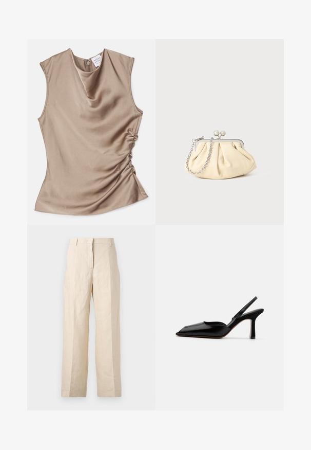 Küljelt korjatud detailidega beez satiinist õlavarreta pluus. Tagasi luku ja sile tekstuur.; Bež linasest püksid, millel on lõtv istuvus, volditud eesmine osa ja sirged jalad. Omab vööd, millel on vöökohaga silmused, ja nähtavaid taskuid ei ole.; Must musta slingback-kand käptelastega, terava varvaga, minimalismi disainiga, õhuke pahkluu rihm ja sujuv stiletto-kõrgus. Sile tekstuur.; Kortsus beežist nahast kotike, millel on hõbedane metallraam, kaunistatud kahe ümmarguse dekoratiivse lukuga ja hõbedase ketispideme.