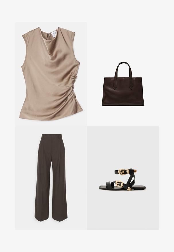 Cowl neck sleeveless top in beige satin. Features gathered detailing on the side and a zip closure at the back. Smooth texture.; Dark brown wide-leg trousers with a high waist, featuring neatly pressed creases, smooth texture, and a tailored fit.; Black leather sandals with gold buckle accents, featuring multiple straps and a flat sole design for open-toe wear.; Brown leather tote bag with two elongated handles, structured rectangular shape, smooth texture, and subtle stitching details.