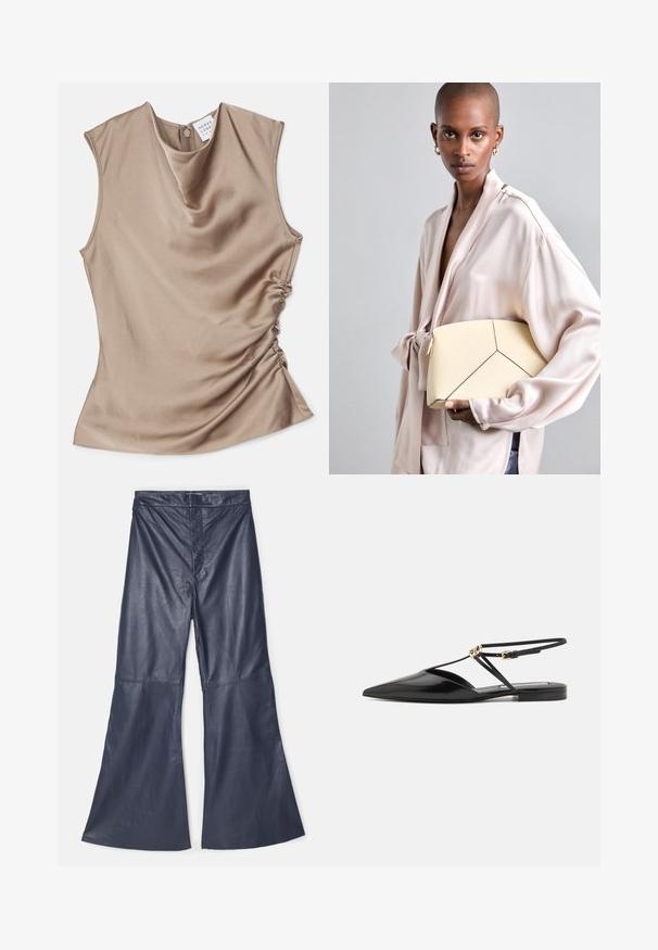 Ärmelloses Top mit Schalkragen aus beigem Satin. Es verfügt über eine geraffte Seitendetail und einen Reißverschluss auf der Rückseite. Weiche Textur.; Navyblaue Leder-Flared-Hosen mit hohem Bund, ausgestattet mit einer glatten Textur und eleganten Nähten entlang der Säume.; Victoria Beckham Riemensandalette - black; Helle Handtasche mit strukturierter Form und kontrastierenden schwarzen Nähten, die ein geometrisches Design aufweist. Glatte Textur mit goldenen Hardware-Akzenten.