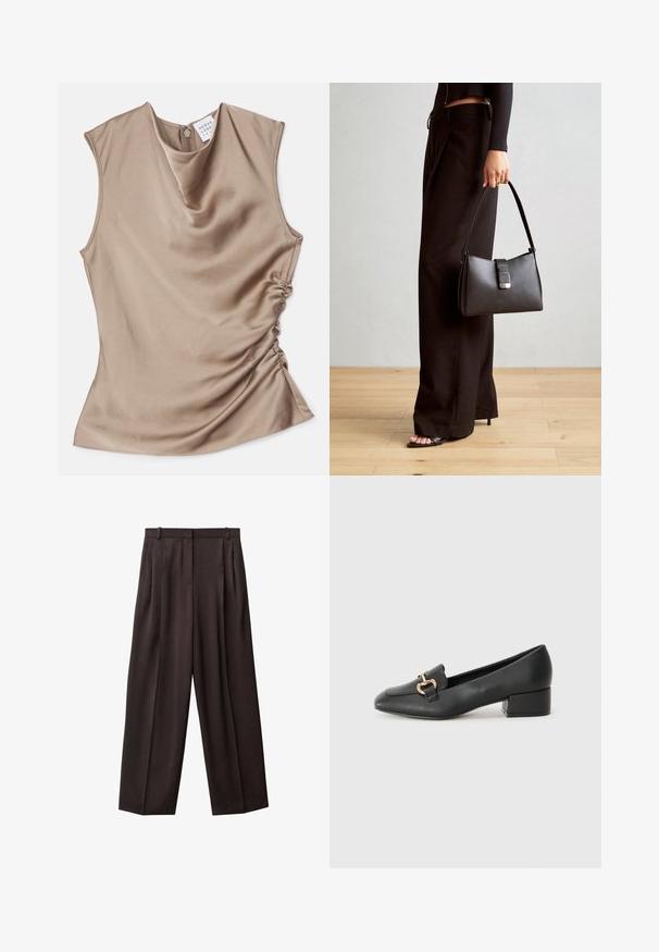 Top senza maniche con collo a cappuccio in satin beige. Presenta dettagli arricciati sul lato e una chiusura a zip sul retro. Texture liscia.; Pantaloni a gamba larga in tessuto marrone scuro. Le caratteristiche includono pieghe davanti, una vita con passanti per cintura e tasche laterali. Tessuto dalla superficie liscia.; Mocassini in pelle nera con tacco piatto, dotati di un dettaglio decorativo in metallo dorato nella parte anteriore e una superficie liscia.; Borsa nera con forma strutturata, texture liscia e una chiusura metallica. Abbinata a pantaloni neri larghi e sandali open-toe su un pavimento in legno.