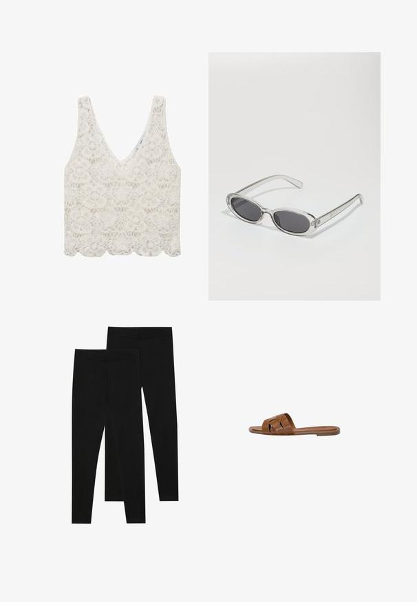 Biely čipkový top s V-výstrihom, kvetinovým vzorom, vlnitým lemom a nastaviteľnými ramienkami. Obsahuje zložitú čipkovú textúru po celom povrchu.; Čierne legíny vyrobené z elastického materiálu, s bezšvovým pásom a elegantným strihom, vhodné na bežné nosenie alebo cvičenie.; Hnedé kožené šľapky s krížovými popruhmi, plochou podrážkou a hladkým povrchom. Jednoduchý dizajn bez ozdôb alebo vzorov.; Slnečné okuliare oválneho tvaru, s priehľadným plastovým rámom, tmavošedými šošovkami a tenkými priehľadnými ramienkami s logovými akcentmi a minimálnym detailovaním.; Hnedá kožená crossbody taška s logom, zlatým reťazcom, zipsovým uzáverom a zlatými prvkami. Kompaktnej a obdĺžnikovej forme.