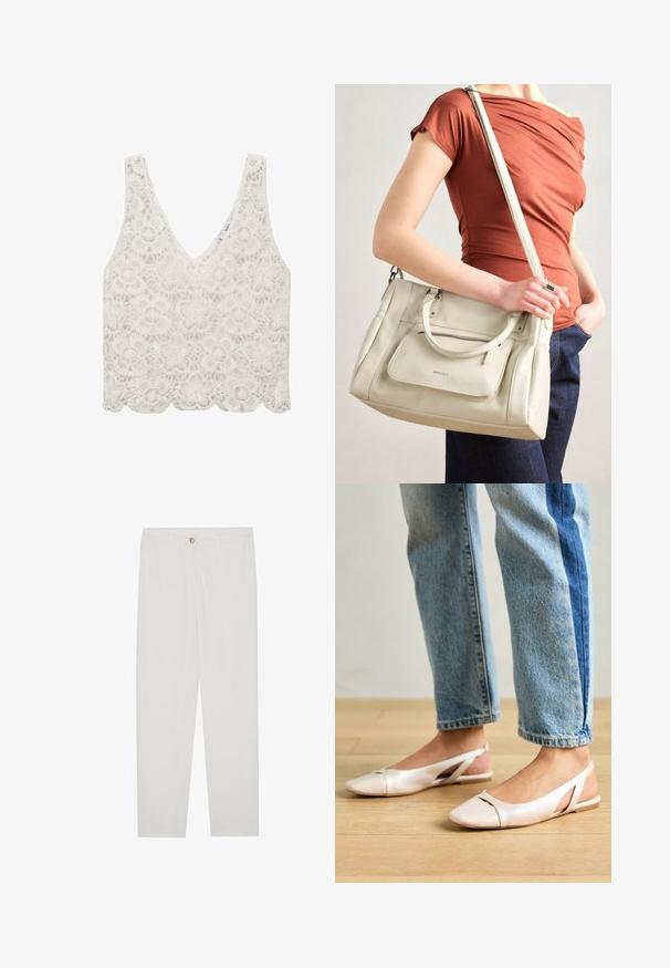 Camisole alb din dantelă cu decolteu în V, model floral, tiv ondulat și bretele ajustabile. Prezintă o textură complexă din dantelă pe toată suprafața.; Pantaloni albi, croiți, cu un design drept al piciorului, având sistem de închidere cu nasture, bucle pentru curea și buzunare laterale; textură de țesătură netedă.; Sandalete plate de un roz pal cu vârf ascuțit, realizate dintr-un material asemănător pielii, neted. Prezintă detalii decupate pe laterale și un toc plat.; Geantă din piele albă cu mânere duble și o curea detasabilă, având o buzunare frontal cu fermoar și o textură netedă. Purtați-o pe brațul unei persoane.