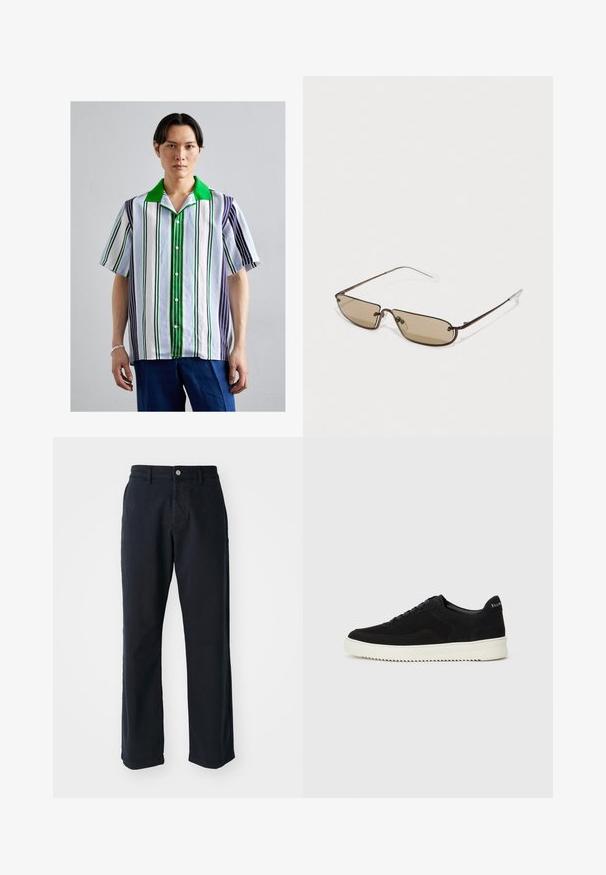 Trumpas rankovės marškinėliai su vertikaliomis dryžiais žalia, tamsiai mėlyna ir šviesiai mėlyna spalvomis, su kontrastinga žalia apykakle ir mygtukų užsegimu.; Tamsiai mėlynos medvilninės kelnės su tiesiu kirpimu, turinčios priekinį knopkę ir dvi šonines kišenes. Lygi tekstūra, nematomi raštai.; Juodos veliūrinės sportinės bateliai su raištelių dizainu ir kontrastinga balta gumine padais. Yra tekstūruoti šoniniai skydeliai ir subtilus logotipas ant kulno.; Rudas metalinis stačiakampio formos saulės akinių rėmas su rudais tonuotais objektyvais ir plonomis skaidriomis lankeliais, pasižymintis minimalistiniu dizainu ir subtiliu ženklinimu.