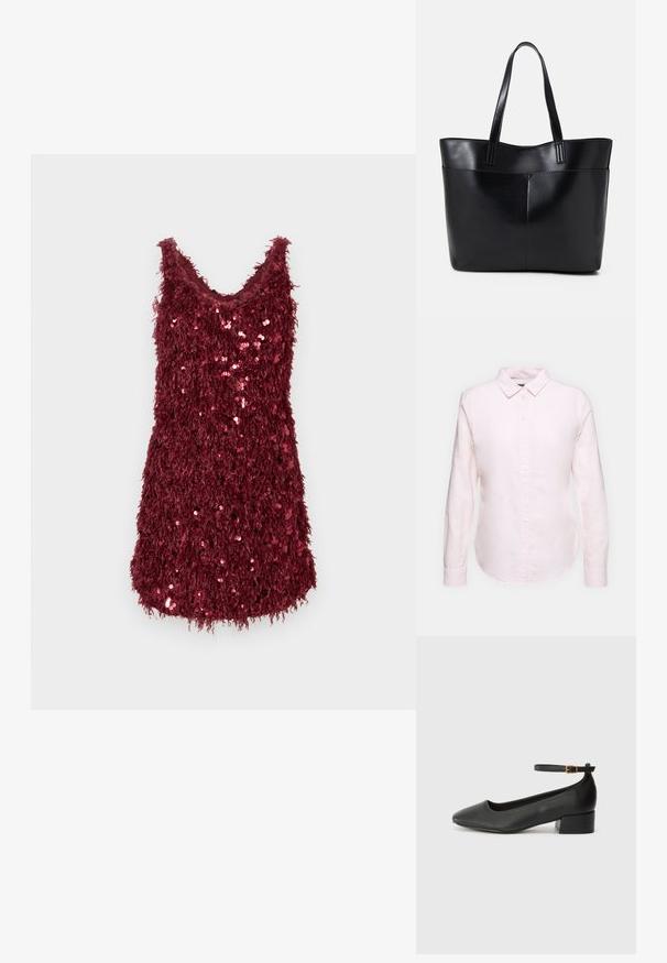 Light pink long-sleeve shirt with a button-down collar, featuring a straight hem and soft texture, made from lightweight cotton fabric.; Sleeveless short dress in dark red with textured fabric and shiny sequins scattered across the front for a festive look.; Black leather pump with a pointed toe and a low block heel. Features an ankle strap with a gold-tone buckle. Smooth texture.; Black leather tote bag with two long handles, a smooth texture, and a structured shape. Features a front pocket for additional storage.
