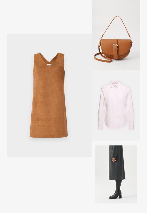 Light pink long-sleeve shirt with a button-down collar, featuring a straight hem and soft texture, made from lightweight cotton fabric.; Brown sleeveless dress made of suede-like material with a V-neck design, featuring a smooth texture and clean lines. No additional details.; Gray, tailored overcoat with a straight cut; paired with knee-high black leather boots featuring a square toe and chunky heel.; Brown leather crossbody bag with a curved shape, gold hardware, and a buckle accent. Features a detachable shoulder strap.
