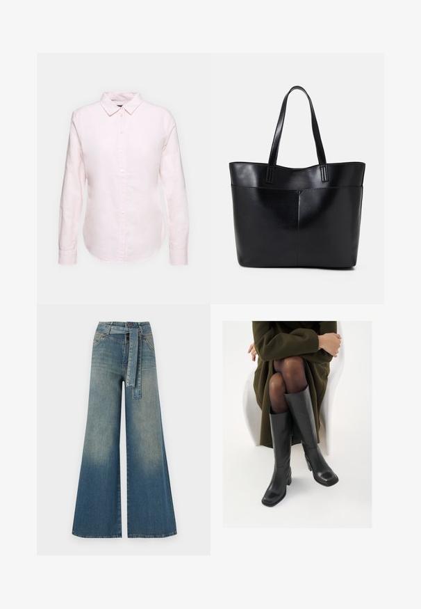 Light pink long-sleeve shirt with a button-down collar, featuring a straight hem and soft texture, made from lightweight cotton fabric.; Wide-leg denim trousers featuring a light to dark blue gradient, high waist, belt loops, and a matching fabric belt. Textured denim finish.; Knee-high black leather boots with a squared toe and block heel, shown with a model seated in an olive green coat. Smooth texture, minimal detailing.; Black leather tote bag with two long handles, a smooth texture, and a structured shape. Features a front pocket for additional storage.