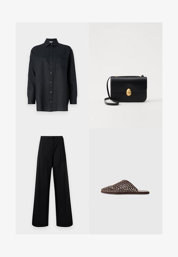 Black linen long-sleeve shirt with a button-down collar, front button placket, single chest pocket, and relaxed fit.; Black wide-leg trousers made of smooth fabric, featuring a high waist and pleated detailing. No visible embellishments or patterns.; Brown woven slide sandal with a rounded toe, open design, flat sole, and textured surface. Lightweight material and minimalist silhouette.; Black leather handbag with a structured rectangular shape. Features a golden oval clasp and a thin shoulder strap. Smooth texture.