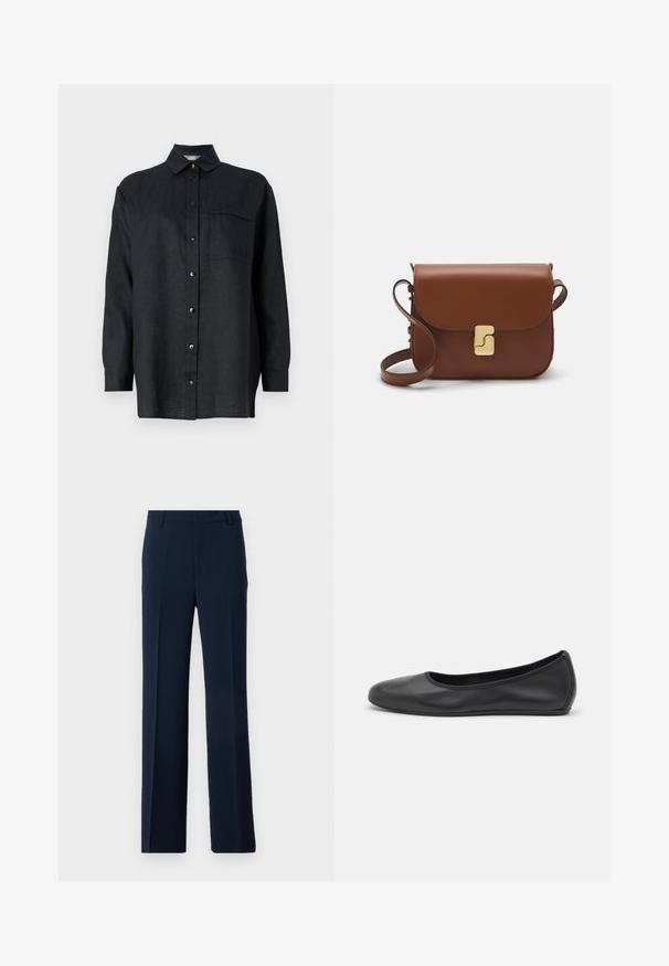 Camicia nera in lino a maniche lunghe con colletto button-down, placket frontale con bottoni, taschino singolo sul petto e vestibilità morbida.; Pantaloni blu navy realizzati in tessuto morbido, con un design a gamba dritta, pieghe frontali e tasche laterali per un look sartoriale.; Pantofole da balletto nere in pelle con punta arrotondata, texture liscia, dettagli di cucitura minimi e design con suola flessibile.; Borsa a tracolla in pelle marrone con chiusura a pattina, hardware color oro, tracolla e una finitura liscia. Forma rettangolare compatta.