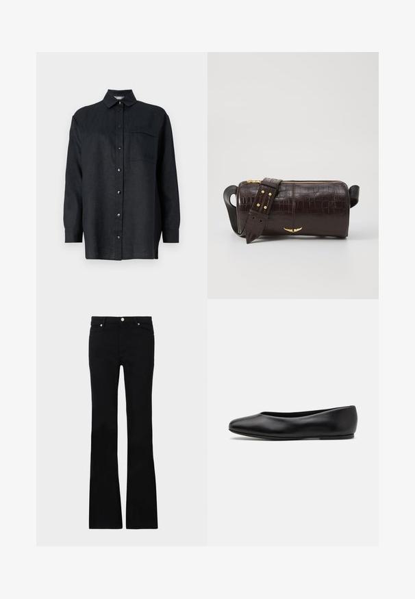 Black linen long-sleeve shirt with a button-down collar, front button placket, single chest pocket, and relaxed fit.; Black flared jeans made of denim, featuring two front pockets, a button closure, and a smooth texture. Signature stitching visible at seams.; Paul Smith TOPANGA - Ballet pumps - black; Brown crocodile-embossed leather bag with a cylindrical shape, gold-tone hardware, and a detachable strap featuring studs.