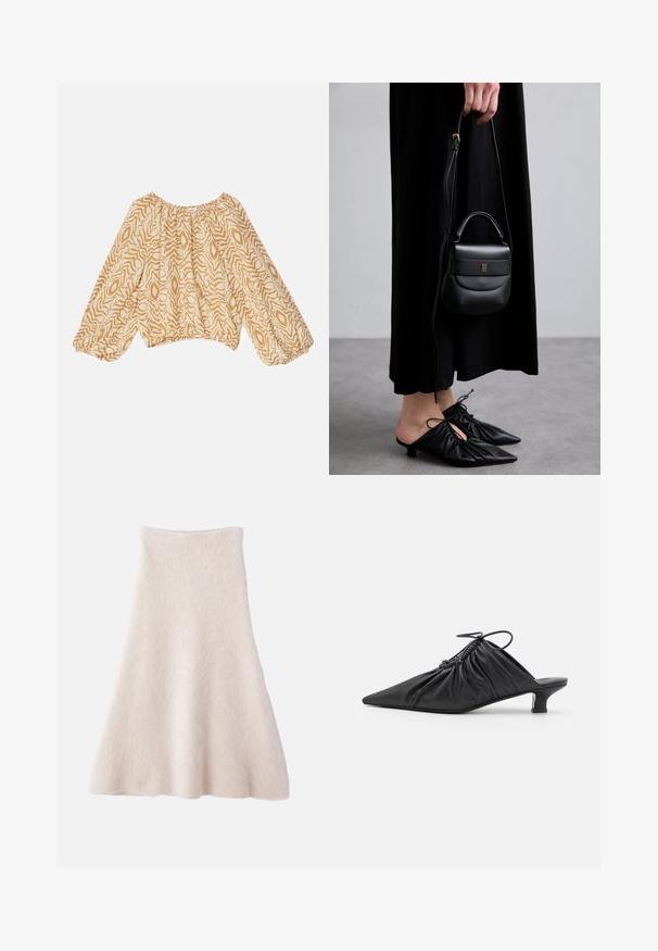 Lightweight, beige blouse with an abstract wavy pattern in darker shades. Features a gathered neckline and billowy, elasticized sleeves.; A light beige A-line skirt made of soft, textured fabric, featuring a smooth waistband and a flowing silhouette.; Black leather slip-on mules with a pointed toe, gathered texture, and a small kitten heel. Features a drawstring detail at the opening.; Small black leather handbag with a rounded shape, top handle, and removable strap. Worn with black fabric dress and black pleated shoes.; Gold-tone hoop earrings featuring two intertwined circular shapes, smooth finish, and a stud back closure for secure wear.