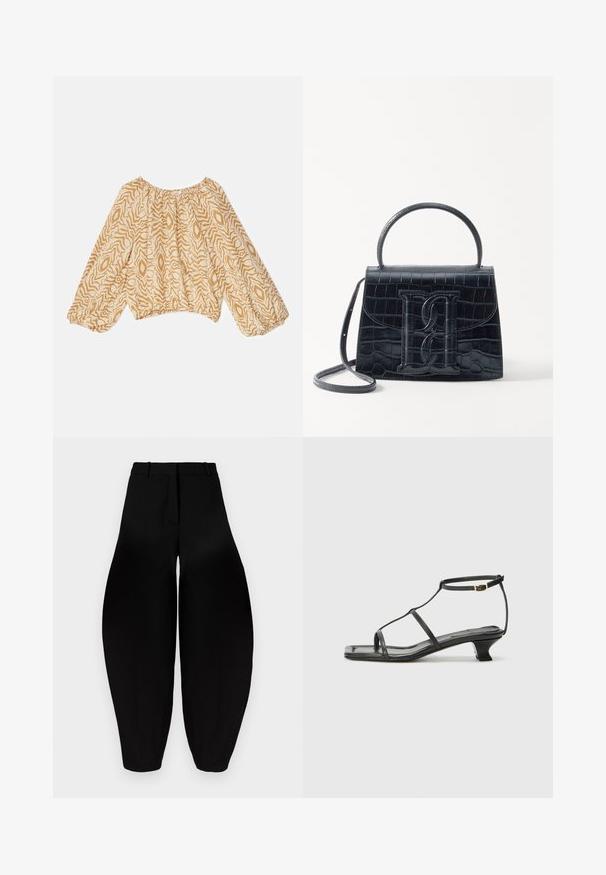 Gaišs, bēšs krekls ar abstraktu viļņu rakstu tumšākos toņos. Iezīmējas ar savilktu kakla izgriezumu un plūstošām, elastīgām piedurknēm.; Melnbra plaša kāju bikses ar augstu jostasvietu, gludu priekšpusi un sašaurinātiem potītes daļām. Izgatavotas no gludas auduma ar matētu apdari.; Melna ādas sandale ar kvadrātveida purngalu, plānām siksnām, regulējamu potītes siksnu un zemu papēdi. Iezīme ir neliela zelta akcenta detaļa uz siksnas.; Melnas krokodila rakstā izgatavota ādas rokassoma ar strukturētu dizainu, augšējo rokturi, regulējamu siksnu un izteiktu priekšējo logotipa detaļu.