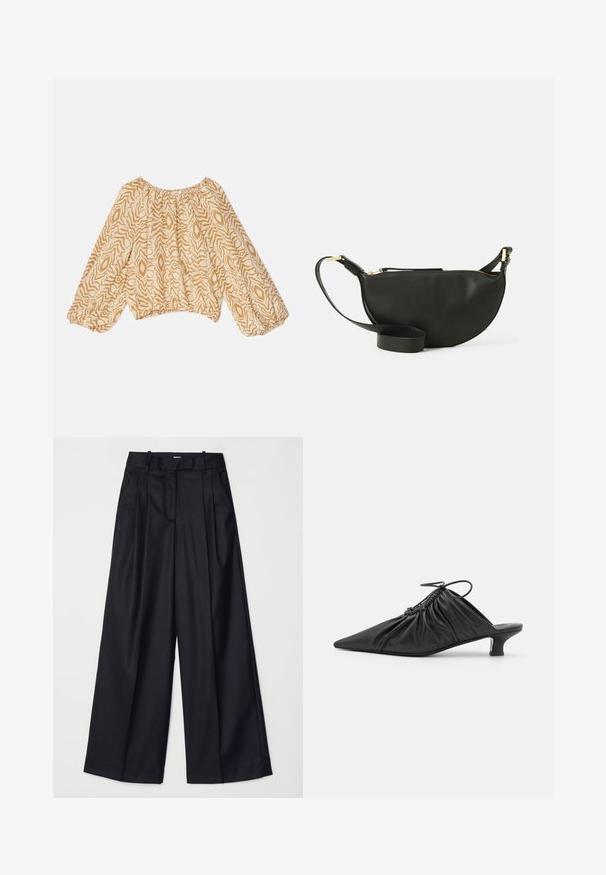 Lett, beige bluse med et abstrakt bølget mønster i mørkere nuancer. Har en sammensnøret halsudskæring og flagrende, elastiske ærmer.; Sorte breddebenede bukser lavet af glat stof, med høj talje, læg og skræddersyet design. Enkel sort hardware i talje.; Sorte læder slip-on mules med spids tå, samlet tekstur og en lille kitten heel. Har en snor-detalje ved åbningen.; Sort læder crossover taske med halvmåneform, tekstureret overflade, guld lynlås og en flad rem. Kompakt design, der er velegnet til det mest nødvendige.