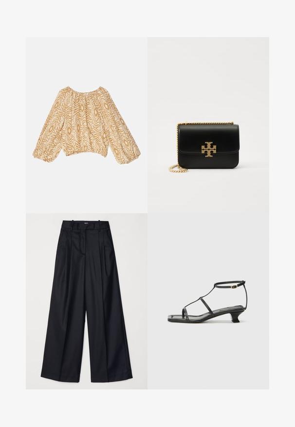 Blusa ligera de color beige con un patrón abstracto en tonos más oscuros y en forma de ondas. Presenta un escote fruncido y mangas amplias con elástico.; Pantalones de pierna ancha negros, confeccionados en una tela suave, con una cintura alta, pliegues y un diseño ajustado. Accesorios sencillos en negro en la cintura.; Sandal de cuero negro con punta cuadrada, correas delgadas, correa ajustable en el tobillo y un tacón bajo. Presenta un pequeño detalle dorado en la correa.; Bolso de mano de piel negra con cadena en tono dorado y acento de logotipo. Presenta una forma rectangular con solapa plegable. Textura suave.