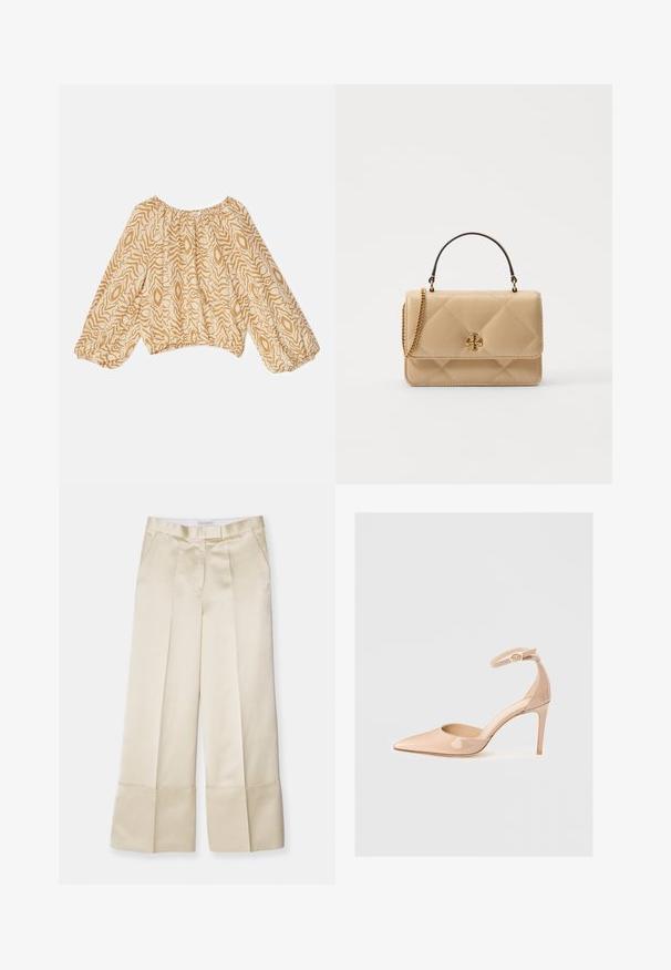 Könnyű, bézs blúz absztrakt, hullámzó mintázattal sötétebb árnyalatokban. Húzott nyakkal és bő, gumírozott ujjal rendelkezik.; Beige széles lábszárú nadrág sima anyagból, magas derékkal, pliszírozott elejével és hajtott szegéllyel, oldalzsebekkel és letisztult kivitelben.; Meztelen színű, lakk bőr, hegyesorrú cipő bokapánttal és stiletto sarkal, sima textúrával és minimalista dizájnnal. ; Beige, steppelt bőrtáska aranyozott fémalkatrészekkel, láncos vállpánttal és felső fogantyúval. Elöl klappal és jellegzetes logó részlettel rendelkezik.