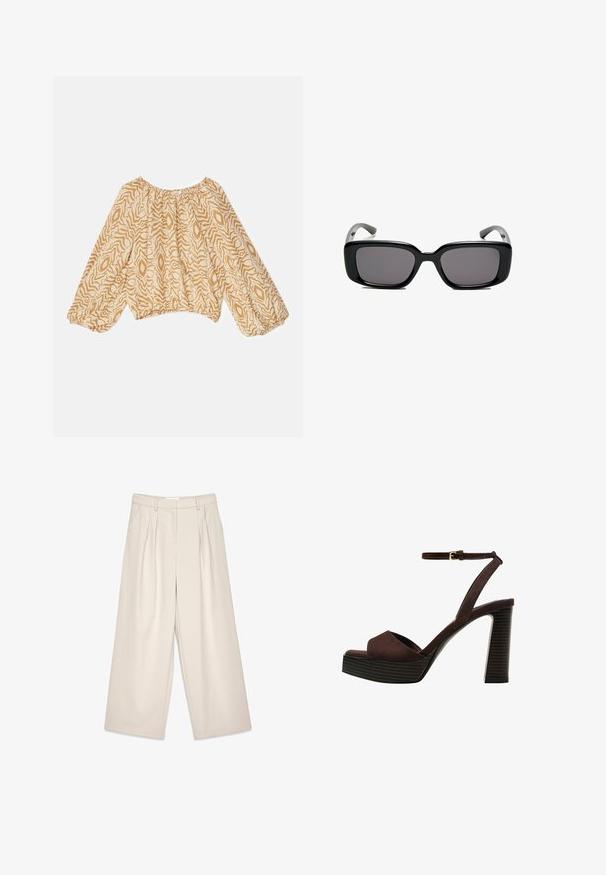 Lett, beige bluse med et abstrakt bølget mønster i mørkere nuancer. Har en sammensnøret halsudskæring og flagrende, elastiske ærmer.; Beige vidde bukser med folder, med en glat tekstur og bæltestropper. Skræddersyet snit, der giver en løs pasform omkring benene.; Brune ruskinds højhælede sandal med åben tå, justerbar ankelrem og en stribet plade sål.; Sorte rektangulære solbriller med mørke linser, glat plastikramme og buede stænger. Designet er klodset med en minimalistisk æstetik.; Brun suede tote taske med dobbelthåndtag, en lukning med knap og en afslappet, let slaskete form.