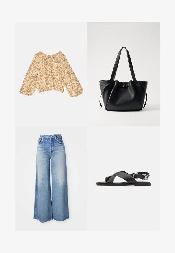 Lett, beige bluse med et abstrakt bølget mønster i mørkere nuancer. Har en sammensnøret halsudskæring og flagrende, elastiske ærmer.; Videbenede jeans lavet af lys blå denim, med høj talje, fem lomme-design, bleget vask og flosset kant.; rag & bone GIA TOE LOOP - Sandaler - black; Sort læder tote taske med to lange stropper, en indsnøret top og et gyldent cirkulært accent. Glat tekstur med et minimalistisk design.; Guldblomster-studøreringe har en tekstureret sort midte og delikat detaljer. Modellen har glat hud og fletninger, som er synlige i profil.