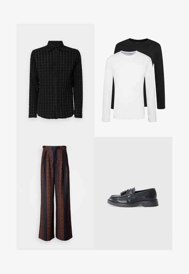 Črna dolga majica z dolgimi rokavi z teksturirano karirano zasnovo v temnih tonih, ki ima gumbasto zapiranje spredaj, ovratnik in manšete z usklajenimi črtami.; Dve majice z dolgimi rokavi, ena črna in ena bela, narejene iz bombaža z okroglim izrezom in gladko teksturo, prikazane v zloženem položaju.; Široke hlače iz temno modrega materiala, ki imajo zapleteno oranžno geometrijsko vzorčenje, z naborki spredaj in prilegajočim pasom.; Črne usnjene loafers sandale z zaobljenim nosom, pasom s resicami in robustnim podplatom z vzorcem profila. Gladka tekstura in klasičen dizajn.