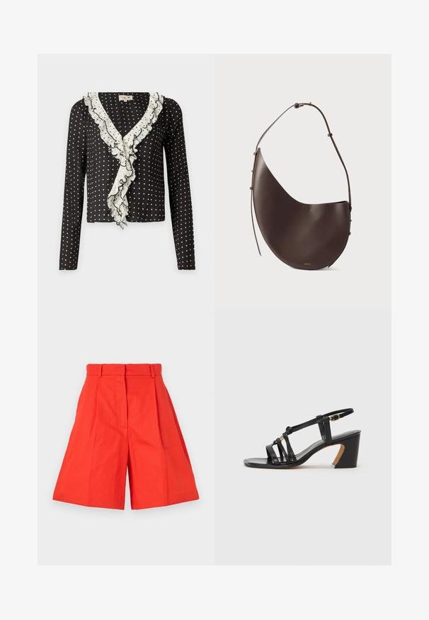 Juoda ilgomis rankovėmis bluzonė su baltais taškiukais ir pūkuota V formos kaklo iškirpte, apvaduota balta spalva, pasižyminti minkšta, tekstūruota medžiaga.; Raudoni medvilniniai šortai su aukštu liemeniu, puikuojantys klostėmis ir plačiu siluetu. Lygi tekstūra ir švarios linijos. Be kišenių ar dekoracijų.; Paul Smith AMIRA - Klasikiniai aukštakulniai - black; Ruda odinė rankinė, turinti kreivą formą, vieną diržą ir minimalistinį dizainą. Sukurta su subtiliu logotipu ir auksiniais detalėmis.